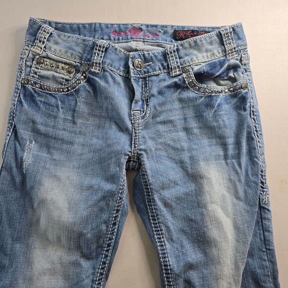 Rock and Roll Cowgirl Jeans Women's 29 x 32 ** Blue Low Rise Boot Cut Distressed - Picture 14 of 16